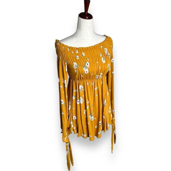Free People Yellow Floral Long Sleeve Top Medium Marigold Off the Shoulder Tunic - Picture 3 of 8